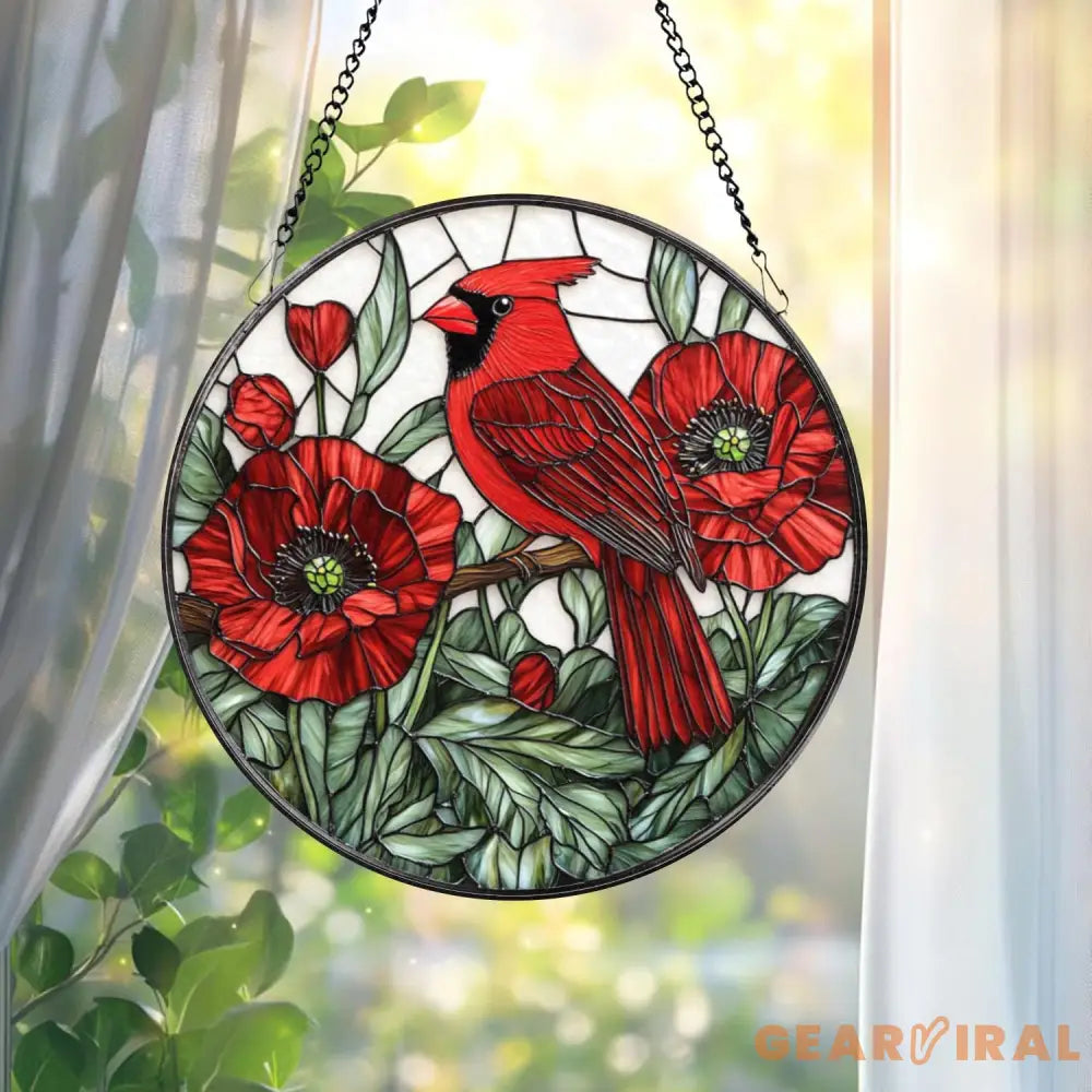 Cardinal and Red Poppy Stained Glass Suncatcher Round Floral Window Hanging Red Bird Sun Catcher Gift for Nature Lovers