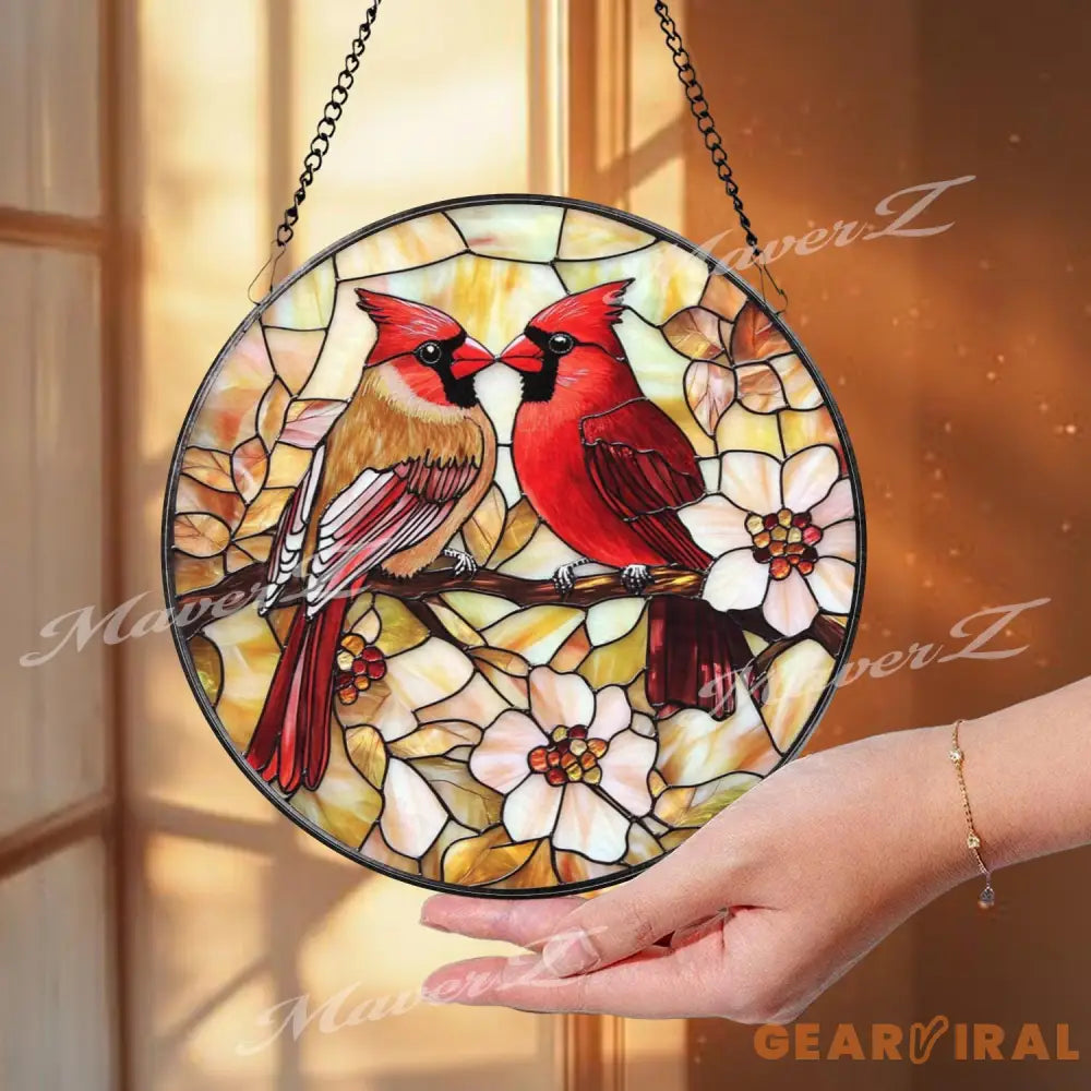 Cardinal Couple Stained Glass Suncatcher Red Bird Window Hanging Lovebird Glass Art Floral Bird Decor Memorial Gift