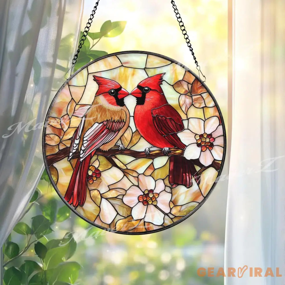 Cardinal Couple Stained Glass Suncatcher Red Bird Window Hanging Lovebird Glass Art Floral Bird Decor Memorial Gift