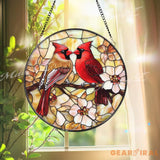 Cardinal Couple Stained Glass Suncatcher Red Bird Window Hanging Lovebird Glass Art Floral Bird Decor Memorial Gift