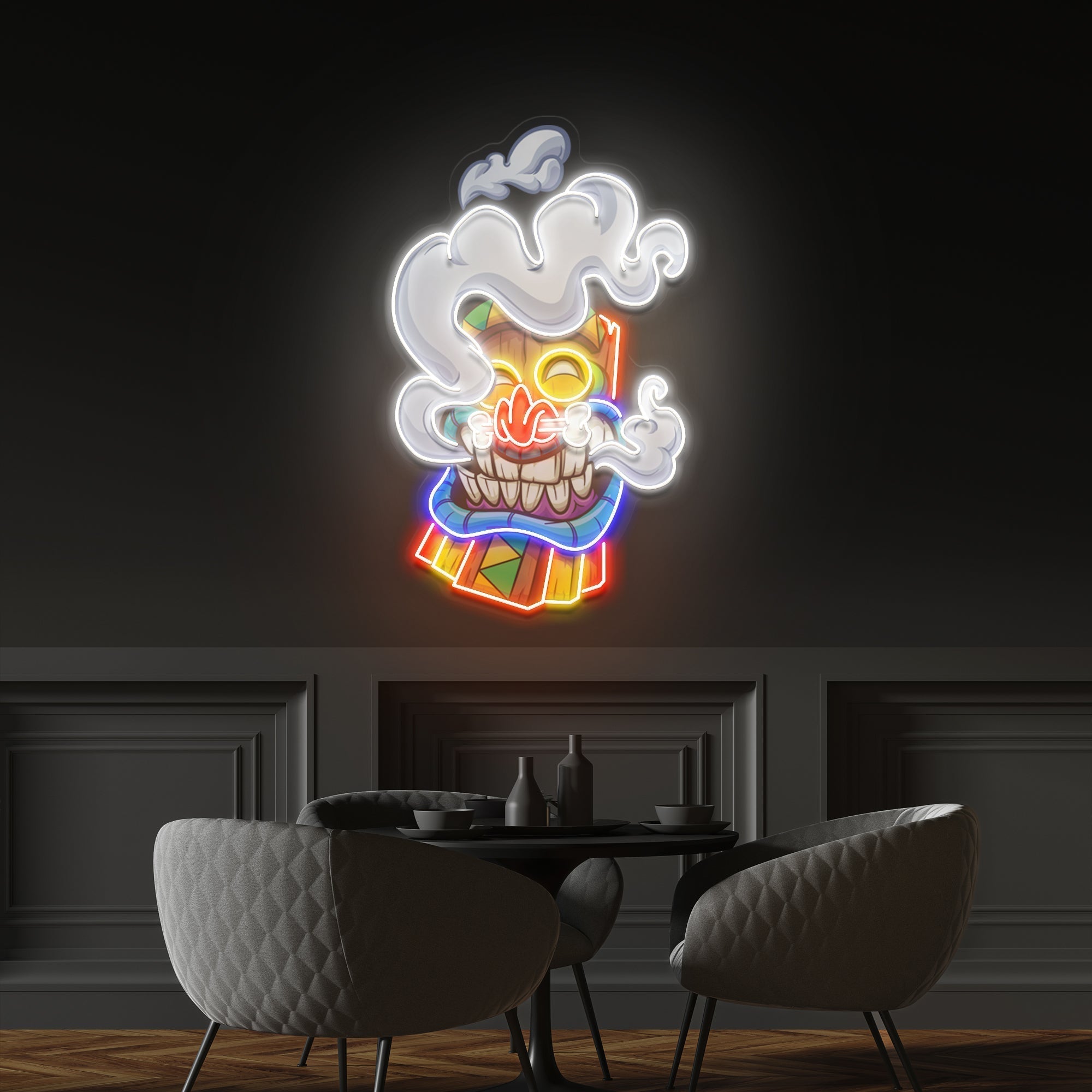 Cartoon Happy Smoking Tiki Mask Artwork Led Neon Sign Light