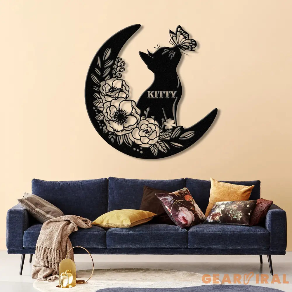 Cat and Moon Metal Wall Art with LED Light Cat Lover Wall Decor Cat on Moon Metal Sign Animal Decor Housewarming &
