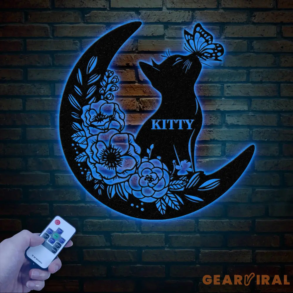 Cat and Moon Metal Wall Art with LED Light Cat Lover Wall Decor Cat on Moon Metal Sign Animal Decor Housewarming &