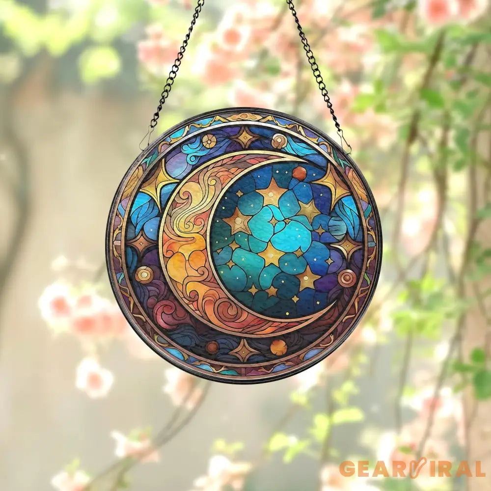 Celestial Moon and Star Stained Glass Suncatcher Starry Night Window Ornament Handmade Gift Unique Holiday Decor Gift