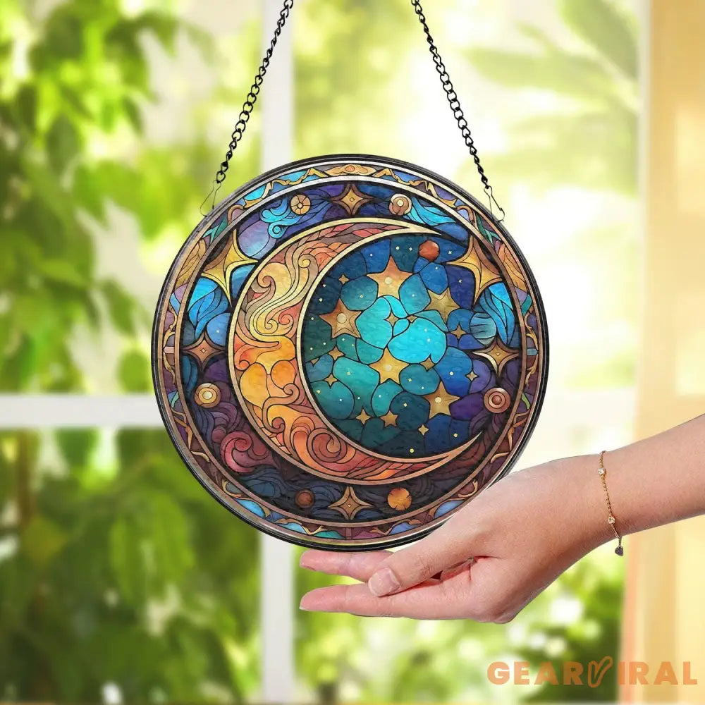 Celestial Moon and Star Stained Glass Suncatcher Starry Night Window Ornament Handmade Gift Unique Holiday Decor Gift