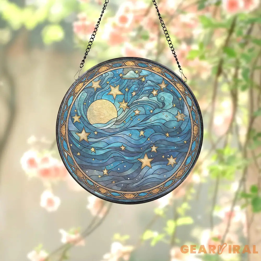 Celestial Moon and Star Stained Glass Suncatcher Starry Night Window Ornament Handmade Gift Unique Holiday Decor Gift