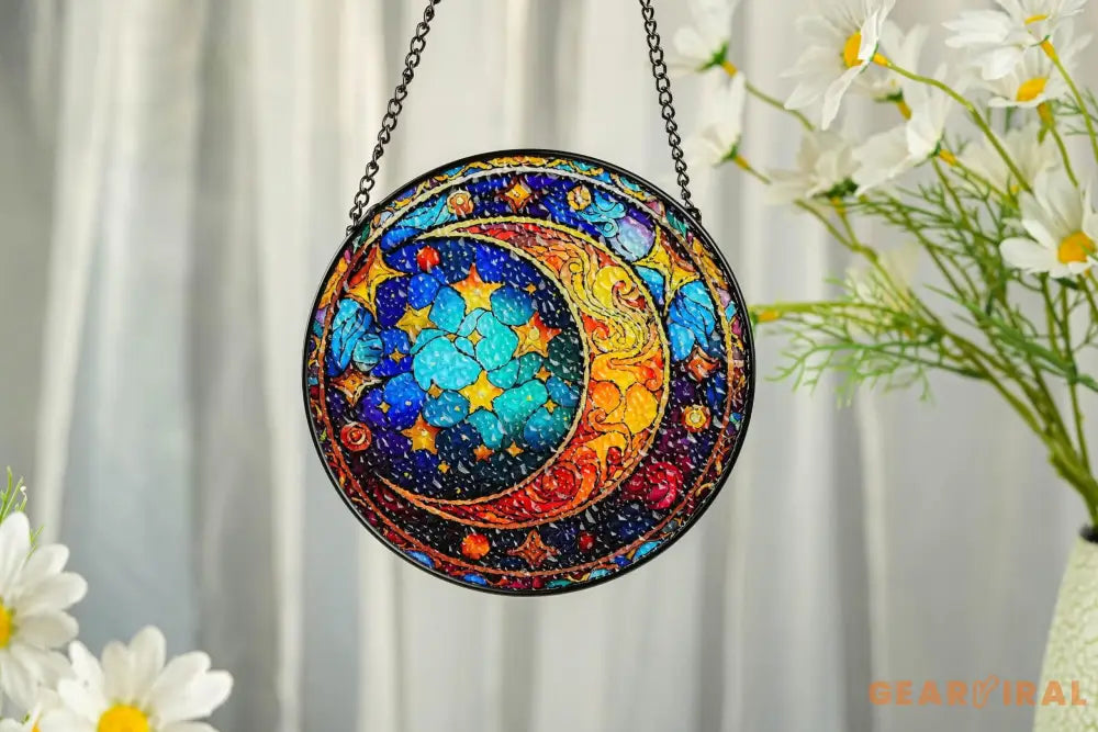 Celestial Moon and Star Stained Glass Suncatcher Starry Night Window Ornament Handmade Gift Unique Holiday Decor Gift