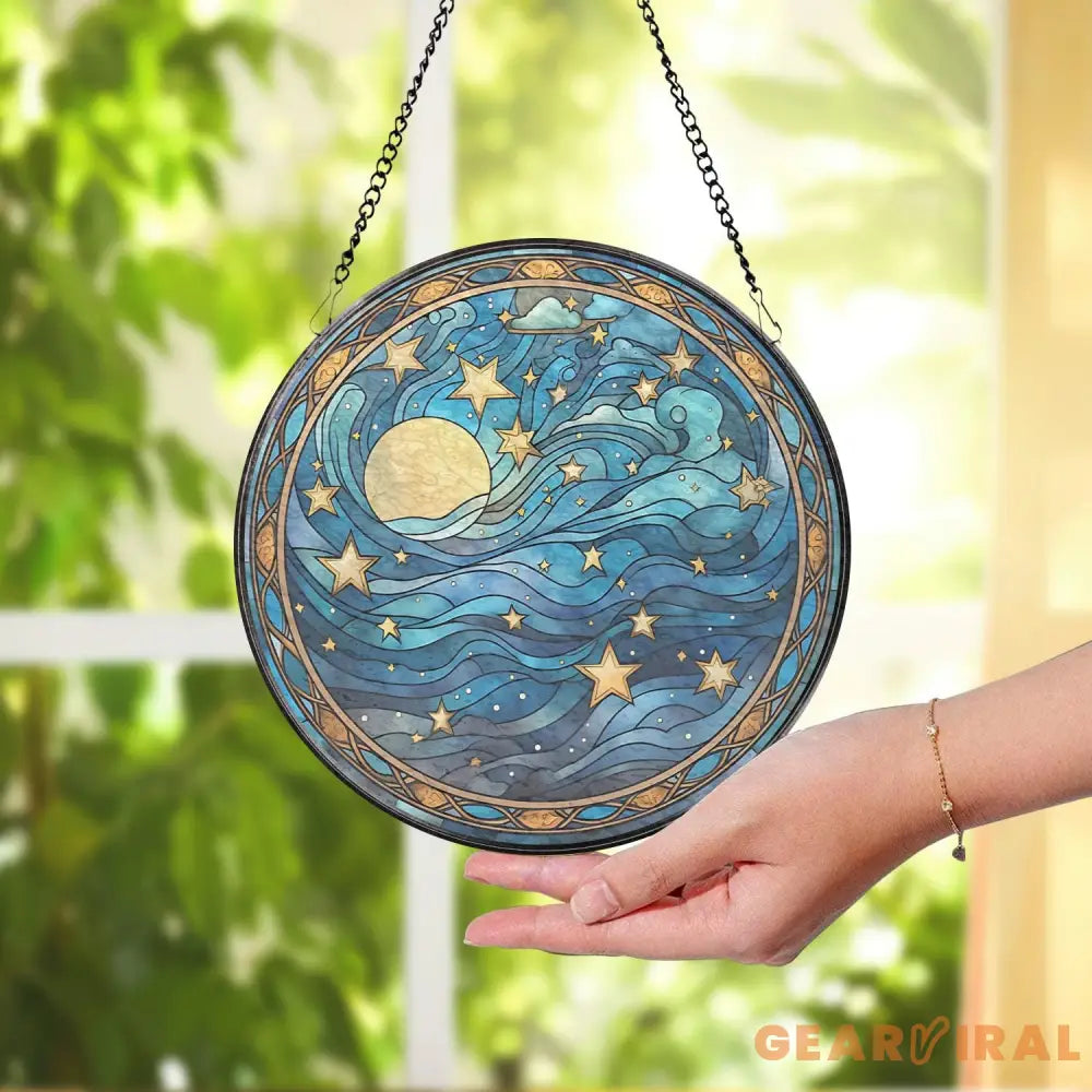 Celestial Moon and Star Stained Glass Suncatcher Starry Night Window Ornament Handmade Gift Unique Holiday Decor Gift
