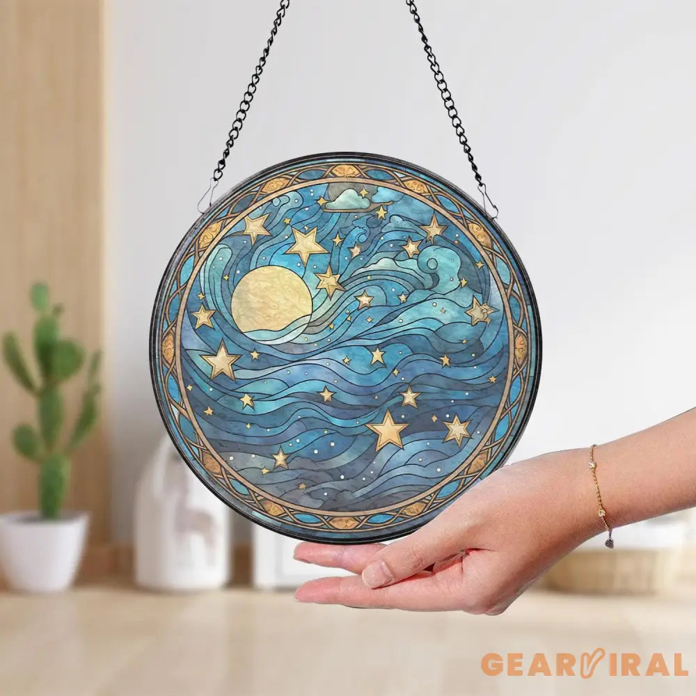 Celestial Moon and Star Stained Glass Suncatcher Starry Night Window Ornament Handmade Gift Unique Holiday Decor Gift