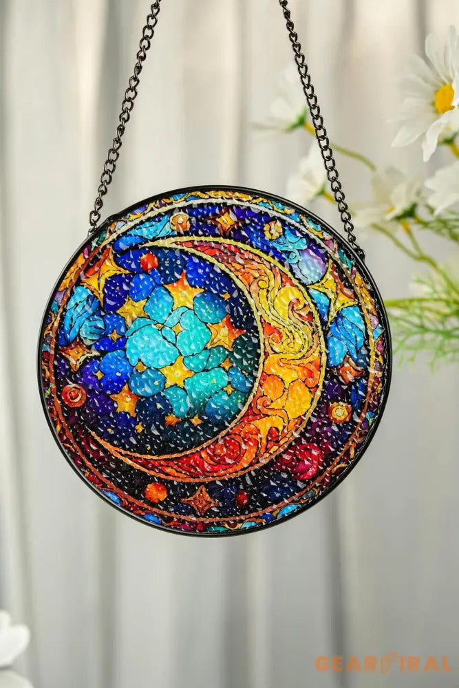 Celestial Moon and Star Stained Glass Suncatcher Starry Night Window Ornament Handmade Gift Unique Holiday Decor Gift