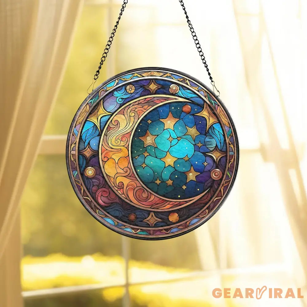 Celestial Moon and Star Stained Glass Suncatcher Starry Night Window Ornament Handmade Gift Unique Holiday Decor Gift