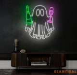 Champagne Ghost Neon Sign - Custom Halloween Bar Decor Wine and Spirits Neon Light Unique Party Wall Art LED Ghost Sign