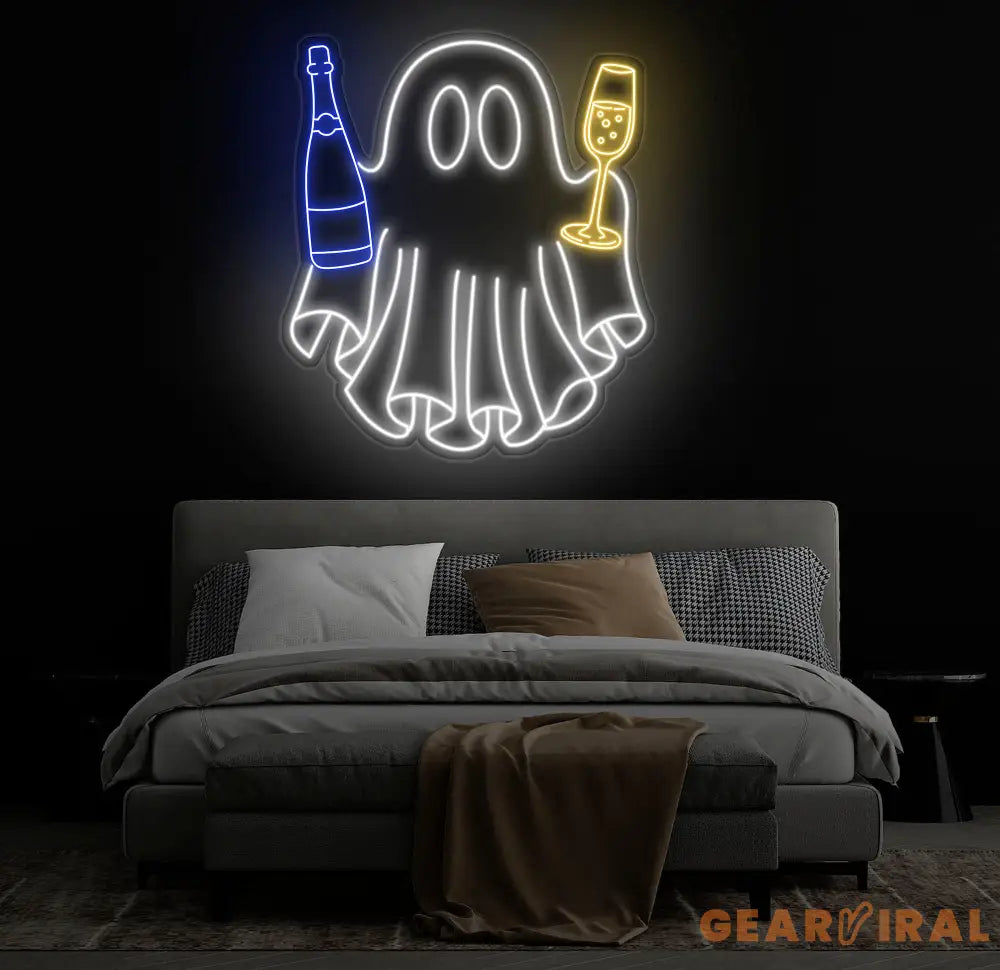 Champagne Ghost Neon Sign - Custom Halloween Bar Decor Wine and Spirits Neon Light Unique Party Wall Art LED Ghost Sign