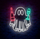 Champagne Ghost Neon Sign - Custom Halloween Bar Decor Wine and Spirits Neon Light Unique Party Wall Art LED Ghost Sign