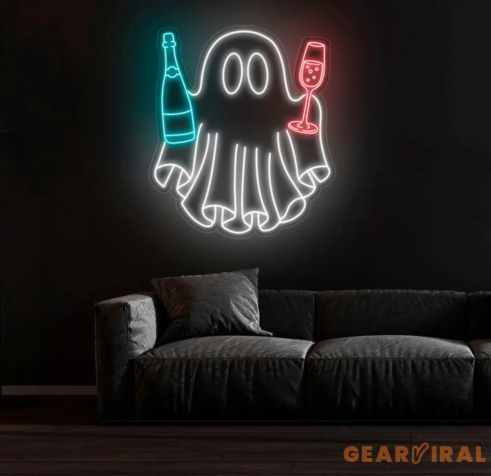 Champagne Ghost Neon Sign - Custom Halloween Bar Decor Wine and Spirits Neon Light Unique Party Wall Art LED Ghost Sign