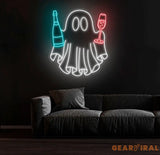 Champagne Ghost Neon Sign - Custom Halloween Bar Decor Wine and Spirits Neon Light Unique Party Wall Art LED Ghost Sign