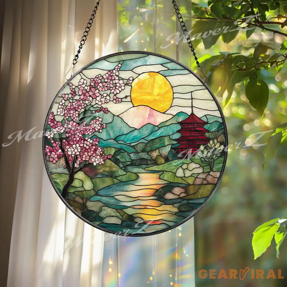 Cherry Blossom Stained Glass Suncatcher Japanese Sunrise Landscape Panel Mountain River Window Decor Pagoda Garden Gift