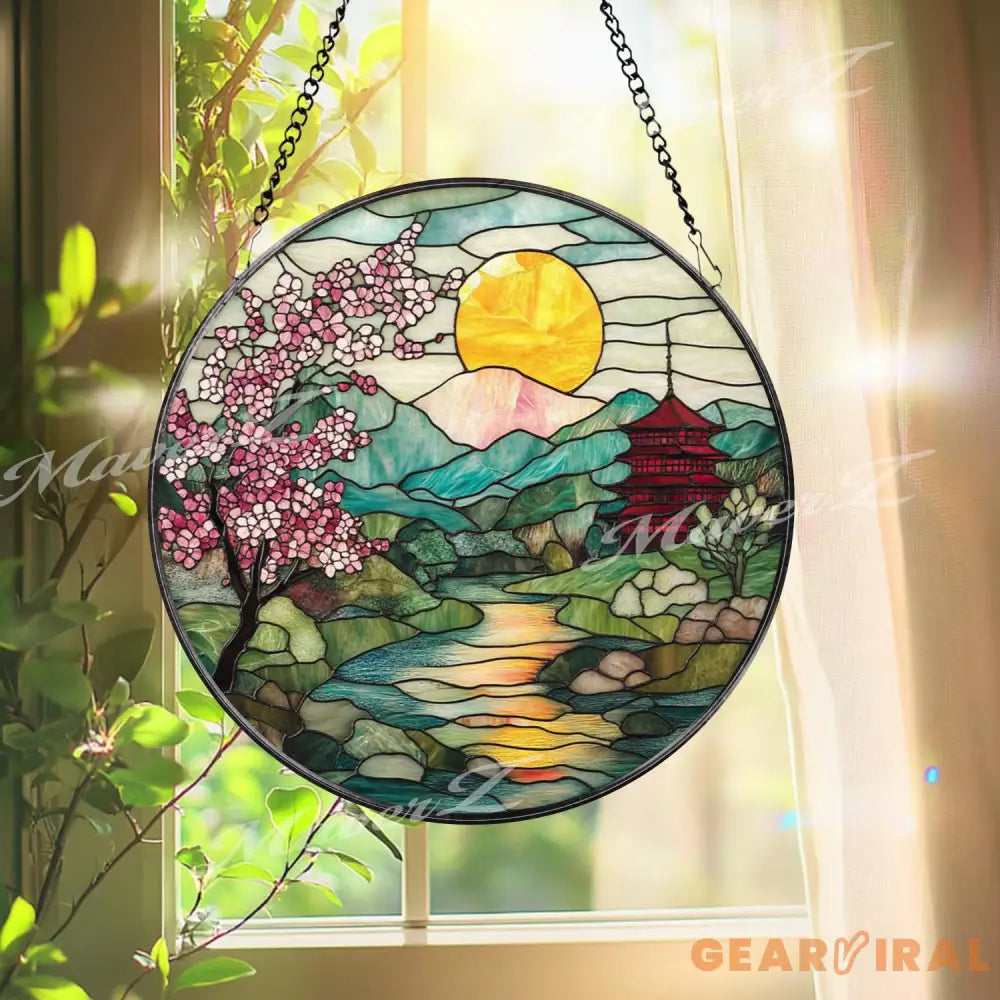 Cherry Blossom Stained Glass Suncatcher Japanese Sunrise Landscape Panel Mountain River Window Decor Pagoda Garden Gift