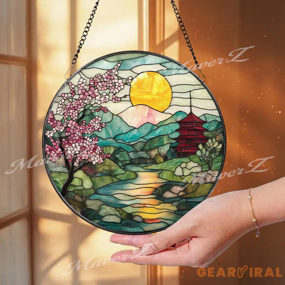 Cherry Blossom Stained Glass Suncatcher Japanese Sunrise Landscape Panel Mountain River Window Decor Pagoda Garden Gift