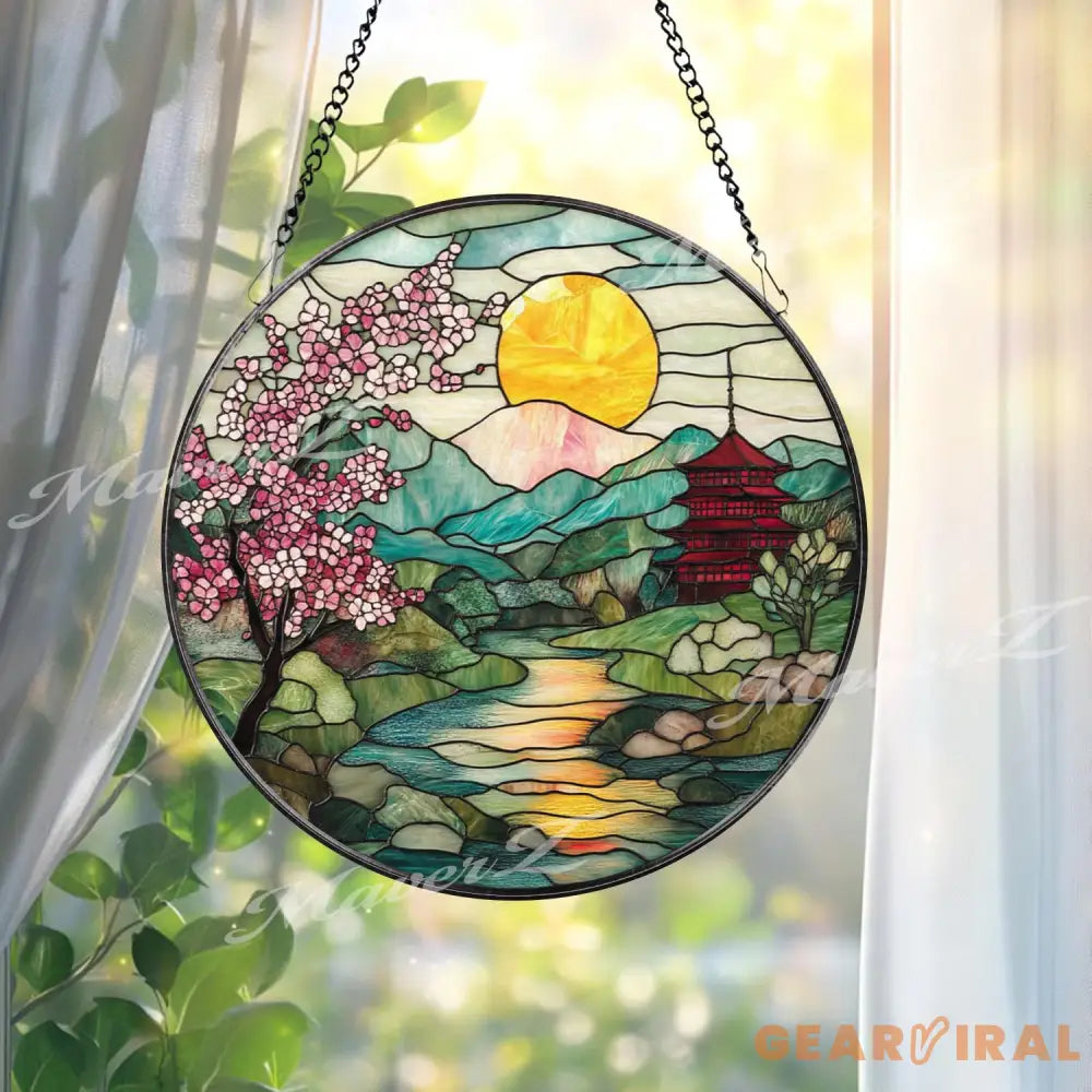 Cherry Blossom Stained Glass Suncatcher Japanese Sunrise Landscape Panel Mountain River Window Decor Pagoda Garden Gift