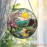 Cherry Blossom Stained Glass Suncatcher Japanese Sunrise Landscape Panel Mountain River Window Decor Pagoda Garden Gift