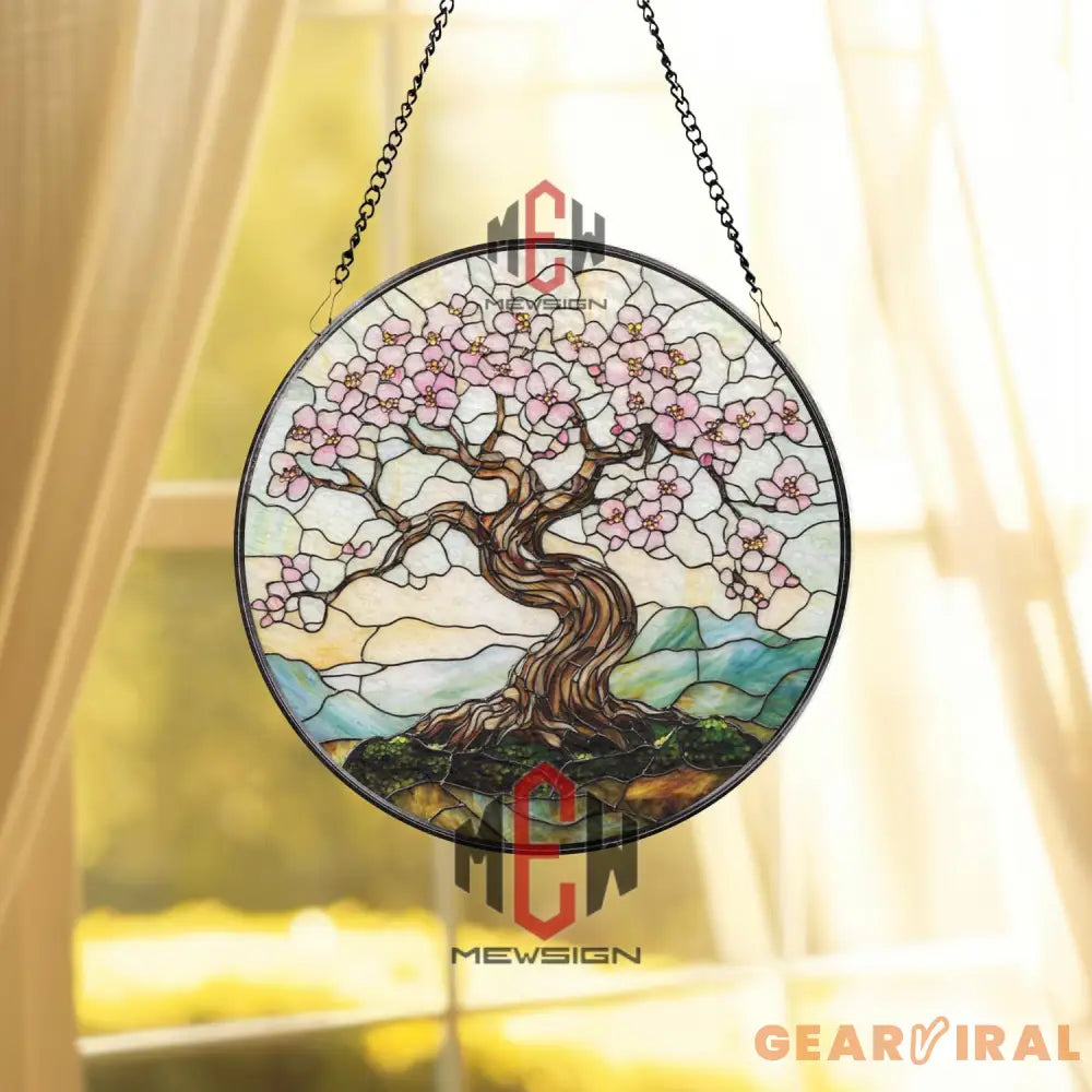 Cherry Blossom Tree Stained Glass Suncatcher Sakura Window Hanging Japanese Tree Glass Art Peaceful Nature Decor Spring