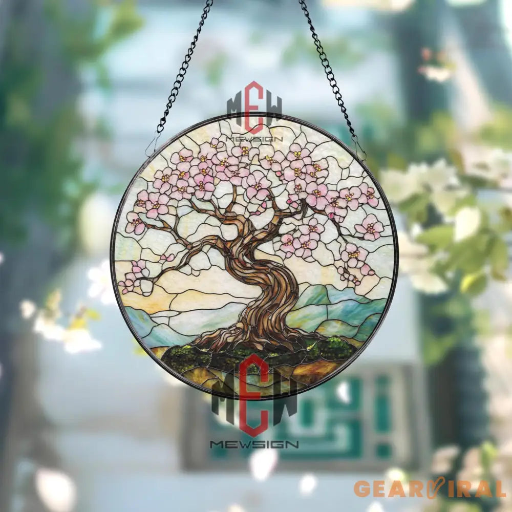 Cherry Blossom Tree Stained Glass Suncatcher Sakura Window Hanging Japanese Tree Glass Art Peaceful Nature Decor Spring