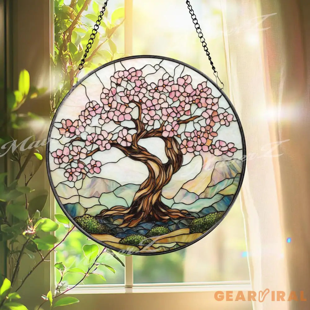 Cherry Blossom Tree Stained Glass Suncatcher Spring Window Hanging Decor Zen Nature Art Panel Pink Floral Glass Gift