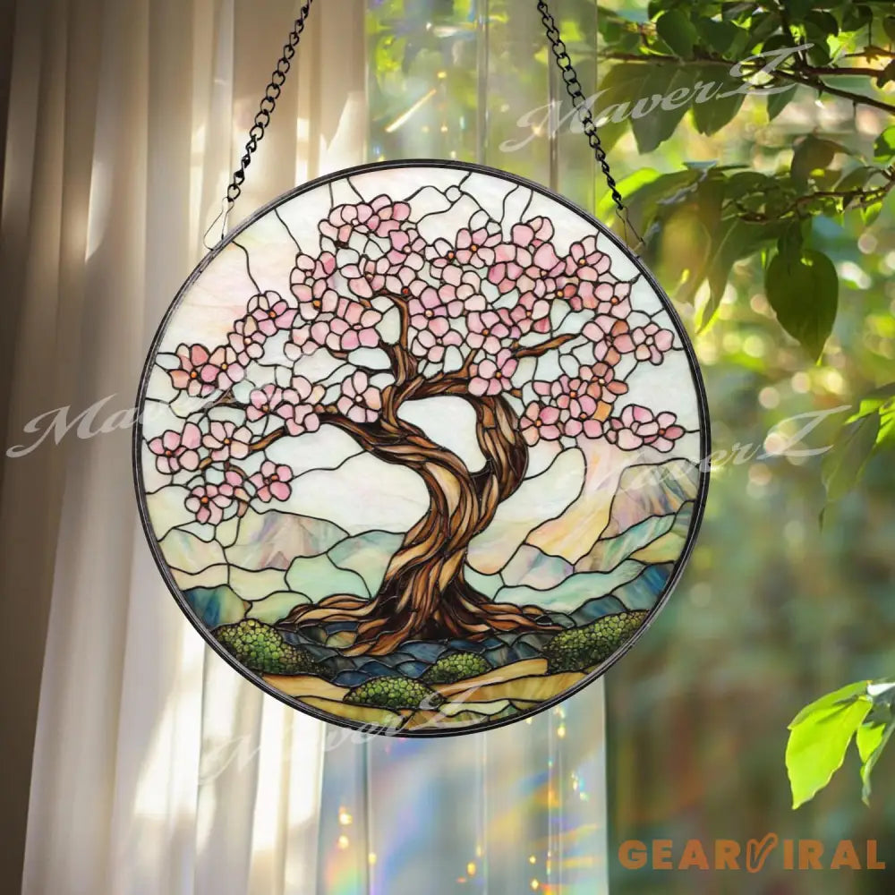 Cherry Blossom Tree Stained Glass Suncatcher Spring Window Hanging Decor Zen Nature Art Panel Pink Floral Glass Gift