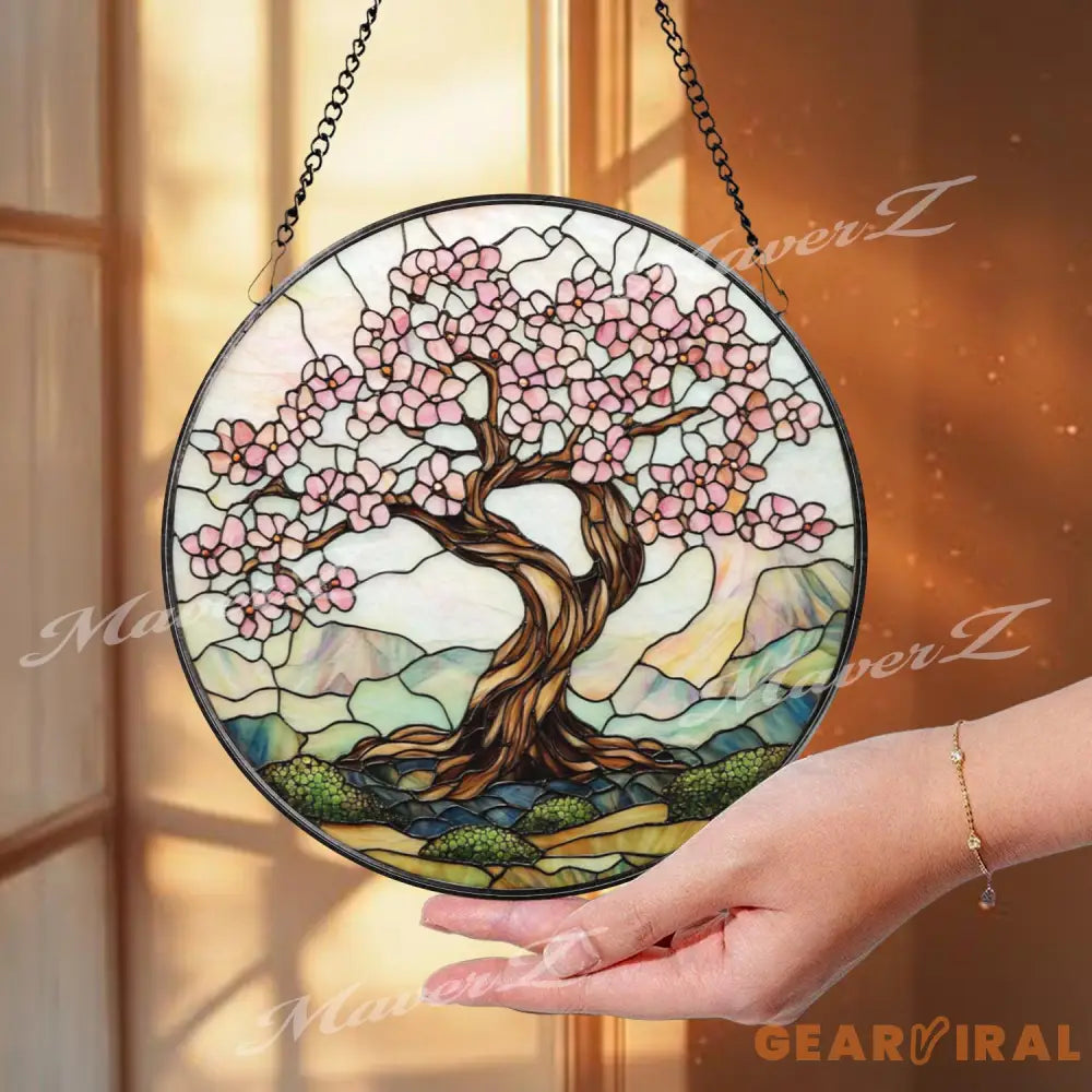 Cherry Blossom Tree Stained Glass Suncatcher Spring Window Hanging Decor Zen Nature Art Panel Pink Floral Glass Gift