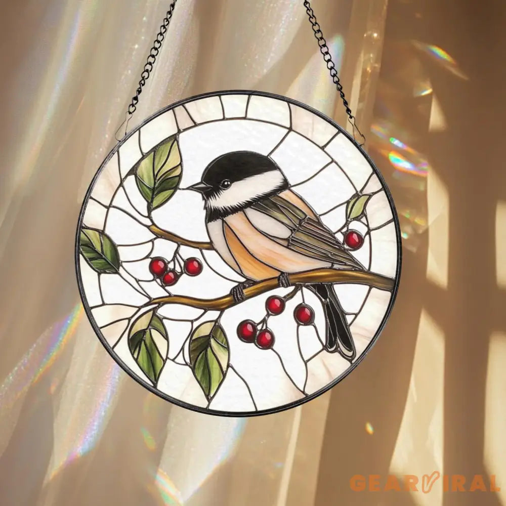 Chickadee Bird Stained Glass Suncatcher Round Window Hanging Panel Black-Capped Chickadee Decor Nature Lover Gift Bird
