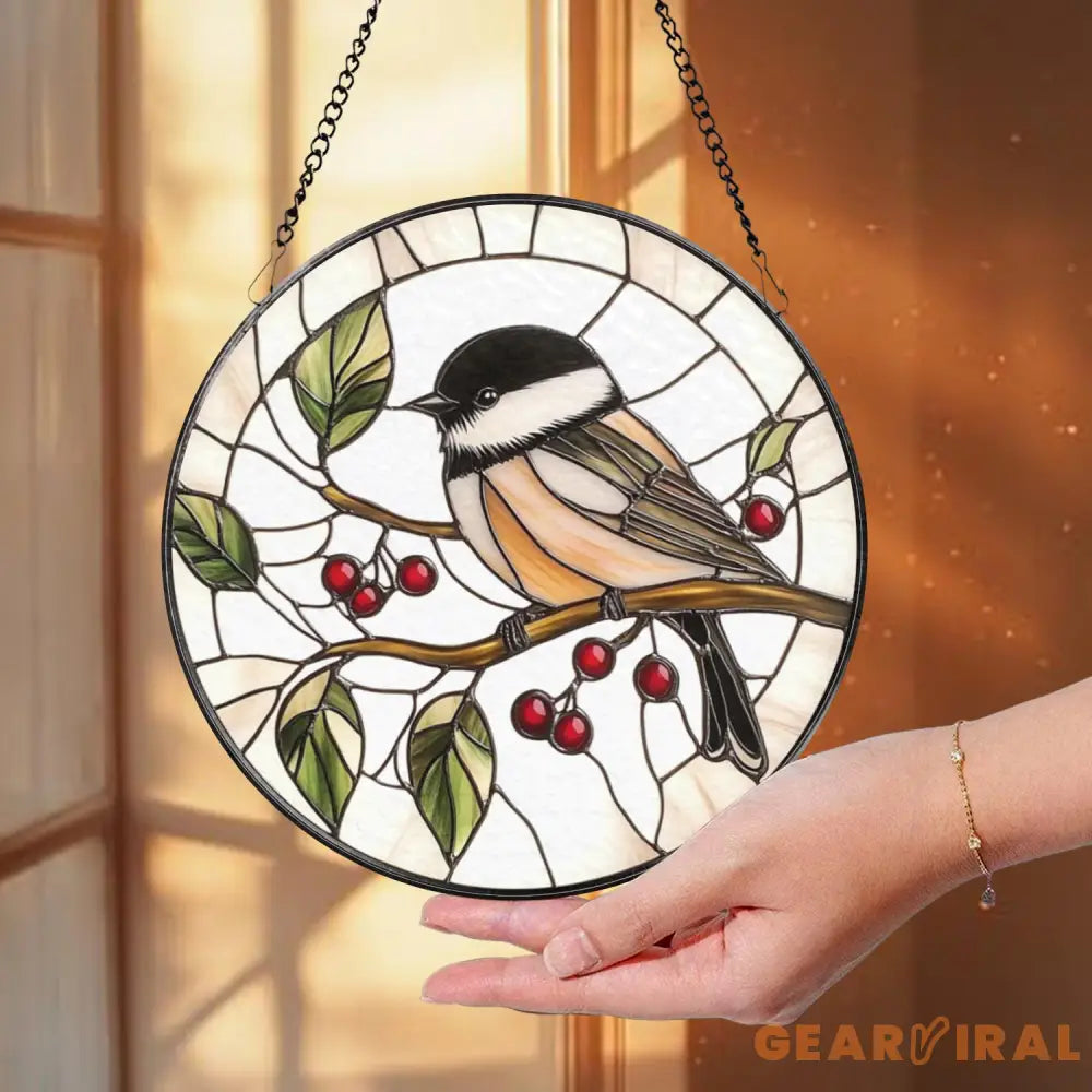 Chickadee Bird Stained Glass Suncatcher Round Window Hanging Panel Black-Capped Chickadee Decor Nature Lover Gift Bird