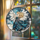 Chickadee Bird Stained Glass Suncatcher Round Window Hanging Panel Black-Capped Chickadee Decor Nature Lover Gift Bird