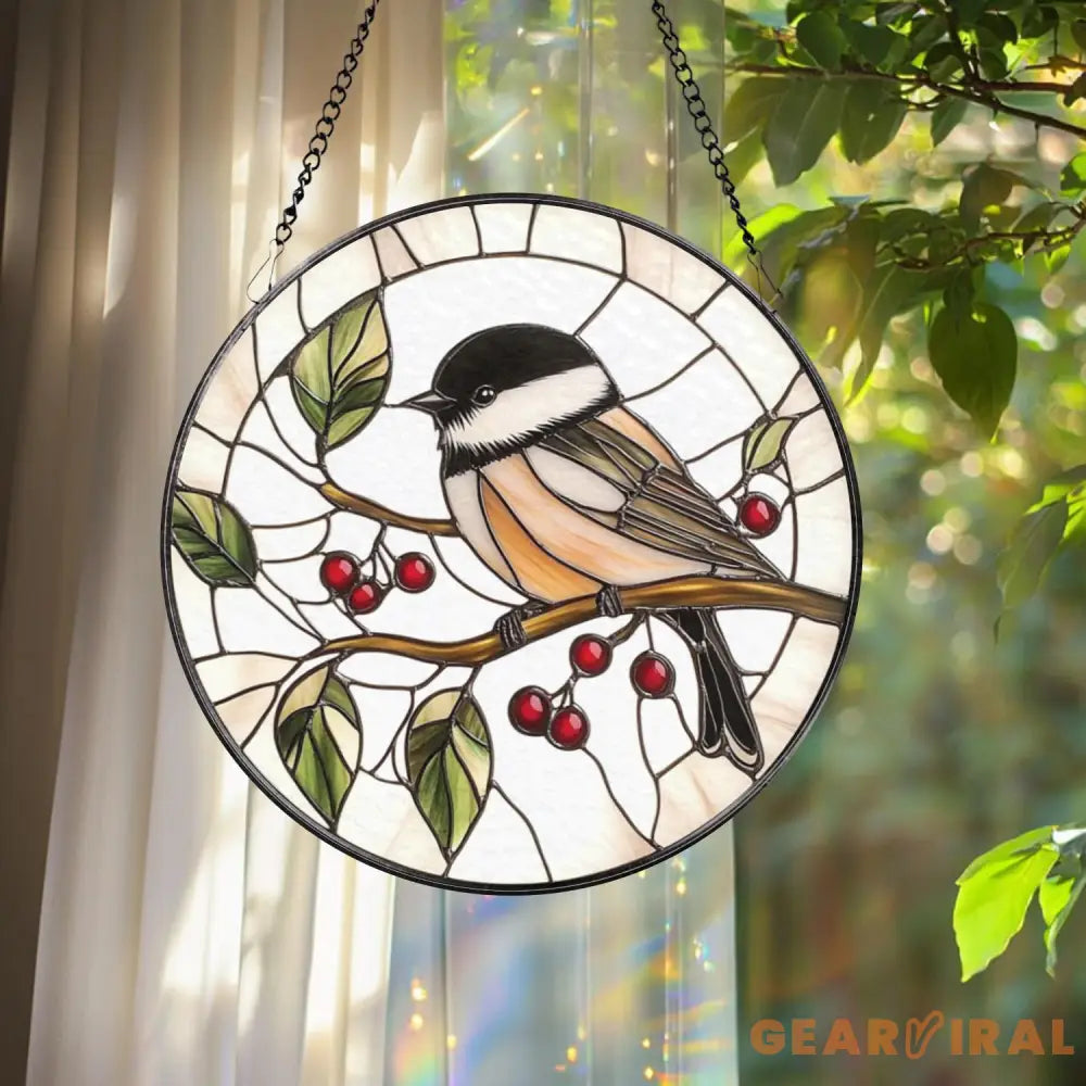 Chickadee Bird Stained Glass Suncatcher Round Window Hanging Panel Black-Capped Chickadee Decor Nature Lover Gift Bird