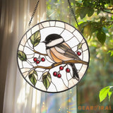 Chickadee Bird Stained Glass Suncatcher Round Window Hanging Panel Black-Capped Chickadee Decor Nature Lover Gift Bird