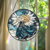 Chickadee Bird Stained Glass Suncatcher Round Window Hanging Panel Black-Capped Chickadee Decor Nature Lover Gift Bird