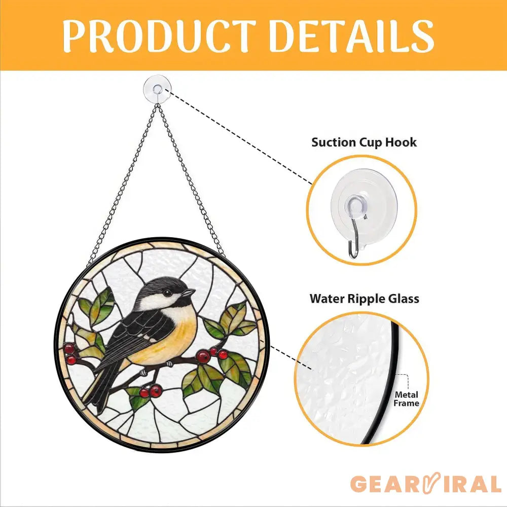 Chickadee Stained Glass Suncatcher Round Bird Window Hanging Nature Glass Art Panel with Leaves & Berries Gift for