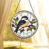 Chickadee Stained Glass Suncatcher Round Bird Window Hanging Nature Glass Art Panel with Leaves & Berries Gift for
