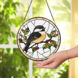Chickadee Stained Glass Suncatcher Round Bird Window Hanging Nature Glass Art Panel with Leaves & Berries Gift for