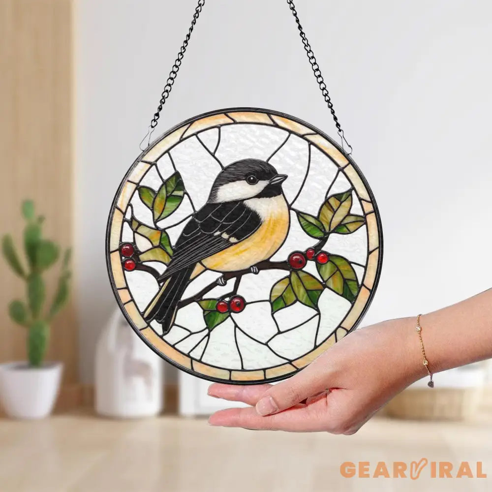 Chickadee Stained Glass Suncatcher Round Bird Window Hanging Nature Glass Art Panel with Leaves & Berries Gift for