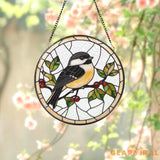 Chickadee Stained Glass Suncatcher Round Bird Window Hanging Nature Glass Art Panel with Leaves & Berries Gift for