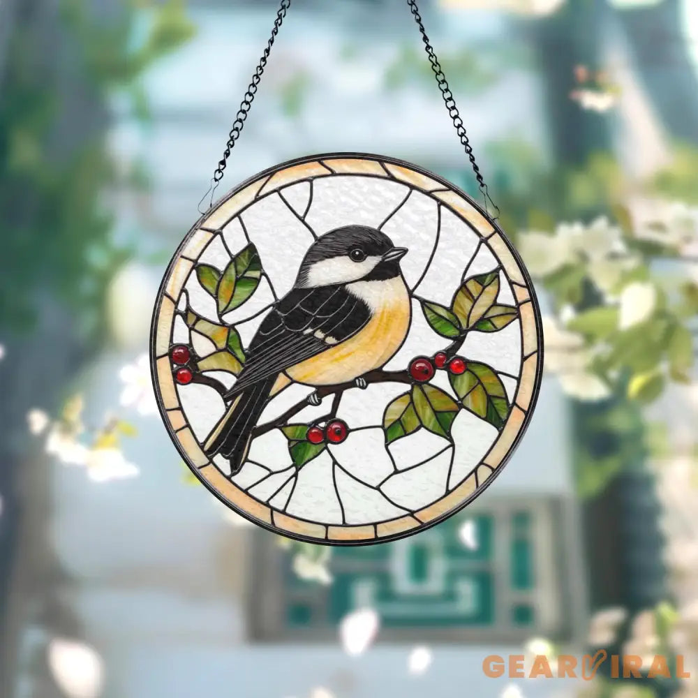 Chickadee Stained Glass Suncatcher Round Bird Window Hanging Nature Glass Art Panel with Leaves & Berries Gift for