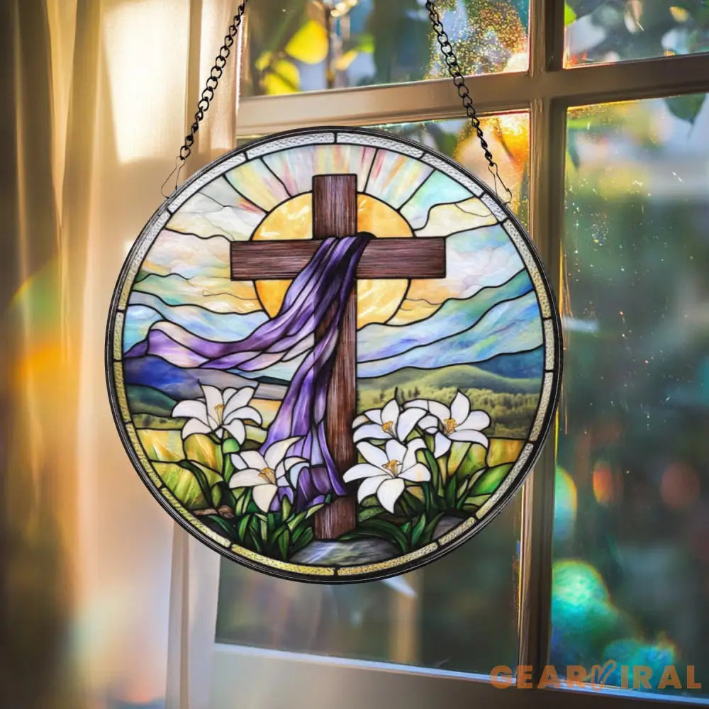 Christian Cross Stained Glass Suncatcher Sunset Cross Window Hanging Religious Home Decor Jesus Faith Ornament Floral