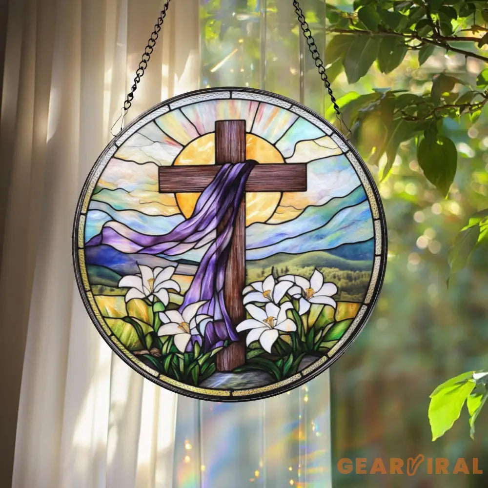 Christian Cross Stained Glass Suncatcher Sunset Cross Window Hanging Religious Home Decor Jesus Faith Ornament Floral