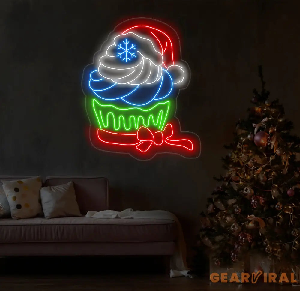 Christmas Cupcake Neon Sign Festive Dessert LED Light Custom Holiday Cupcake Neon Art Santa Hat Neon Wall Light Holiday