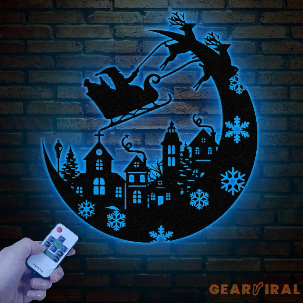 Christmas Sleigh Metal Sign with LED Light – Custom Santa and Reindeer Wall Art – Perfect Holiday Decoration for