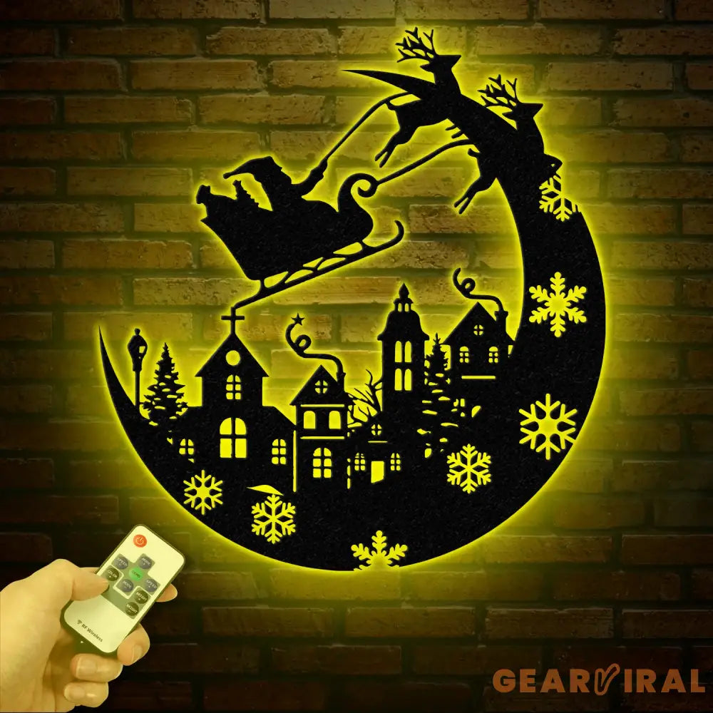 Christmas Sleigh Metal Sign with LED Light – Custom Santa and Reindeer Wall Art – Perfect Holiday Decoration for