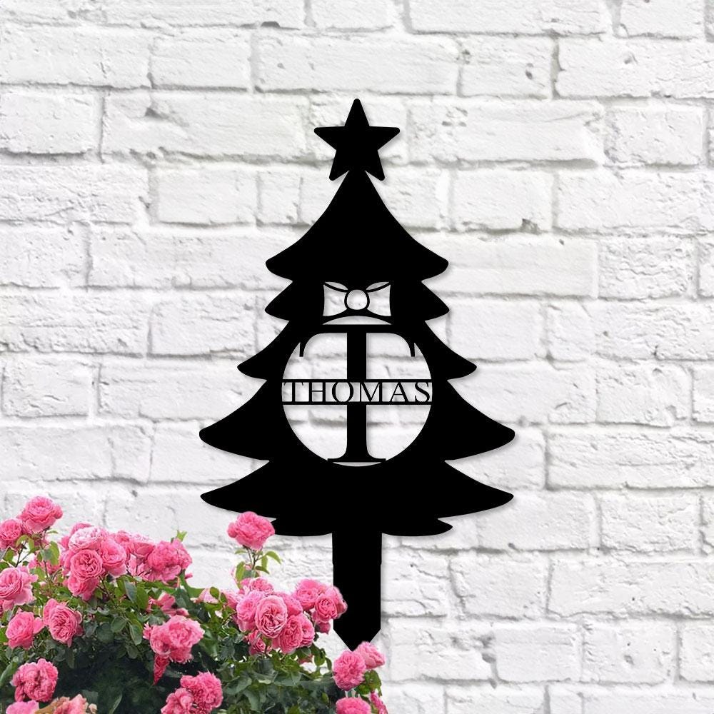 Christmas Tree Monogram Metal Sign, Christmas Garden Metal Stake, Personalized Name Yard Sign, Outdoor Door Decor, Garden Art, Housewarming