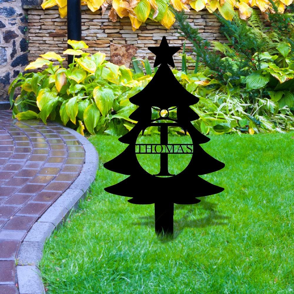 Christmas Tree Monogram Metal Sign, Christmas Garden Metal Stake, Personalized Name Yard Sign, Outdoor Door Decor, Garden Art, Housewarming