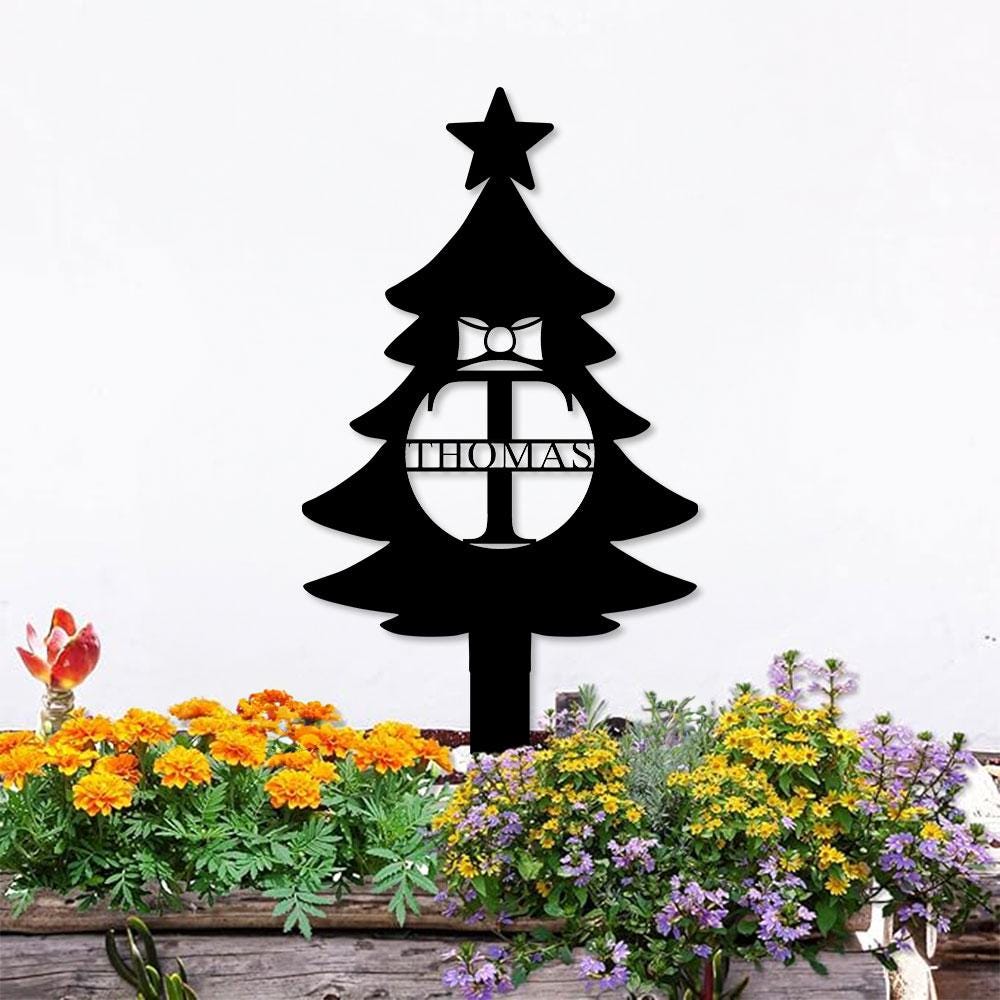 Christmas Tree Monogram Metal Sign, Christmas Garden Metal Stake, Personalized Name Yard Sign, Outdoor Door Decor, Garden Art, Housewarming